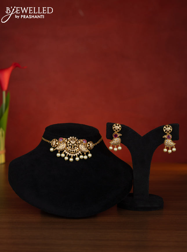 Antique choker parrot design with ruby & cz stones and pearl hangings
