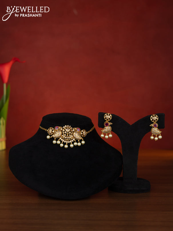 Antique choker parrot design with ruby & cz stones and pearl hangings