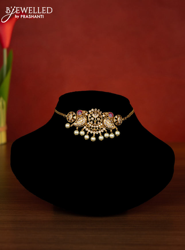 Antique choker parrot design with ruby & cz stones and pearl hangings