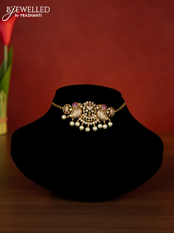 Antique choker parrot design with ruby & cz stones and pearl hangings
