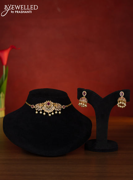 Antique choker peacock design with ruby & cz stones and pearl hangings