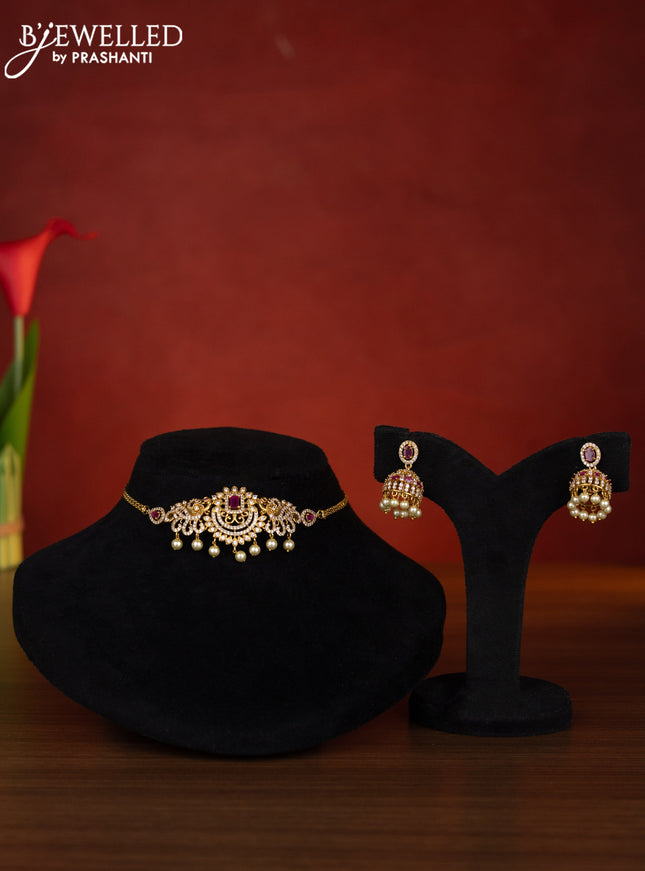 Antique choker peacock design with ruby & cz stones and pearl hangings