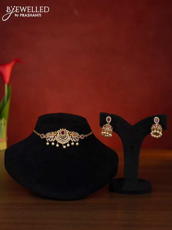 Antique choker peacock design with ruby & cz stones and pearl hangings