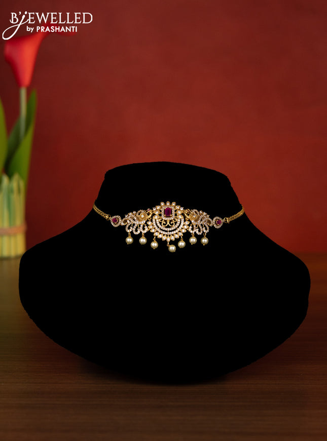 Antique choker peacock design with ruby & cz stones and pearl hangings