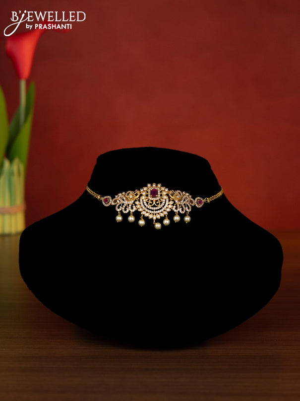 Antique choker peacock design with ruby & cz stones and pearl hangings