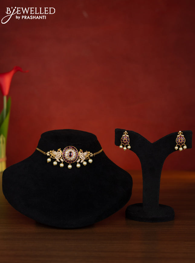 Antique choker peacock design with ruby & cz stones and pearl hangings