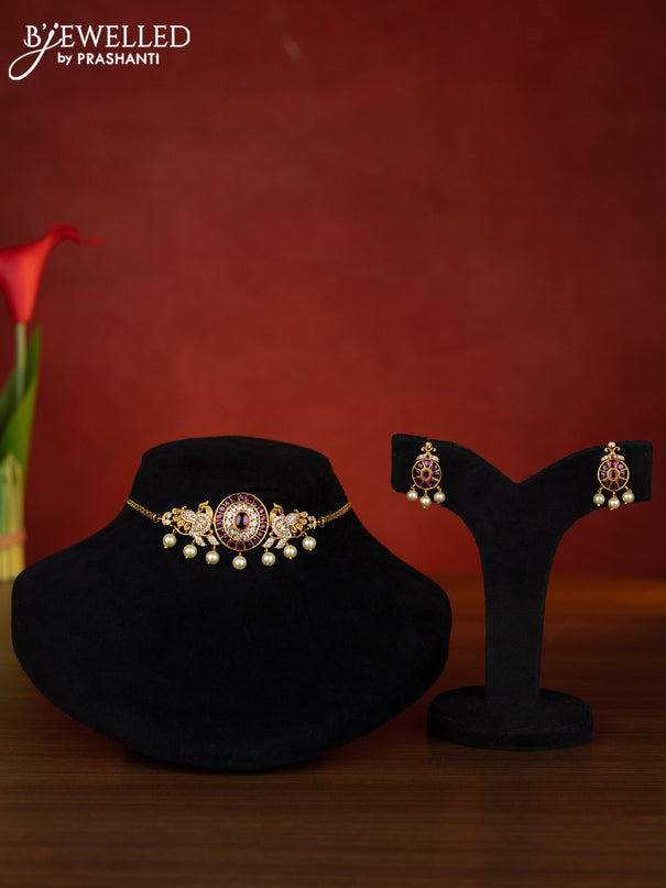 Antique choker peacock design with ruby & cz stones and pearl hangings