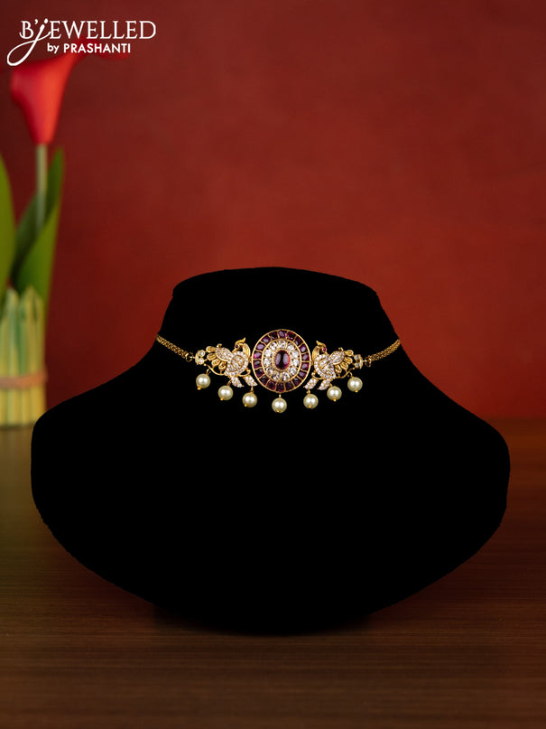 Antique choker peacock design with ruby & cz stones and pearl hangings