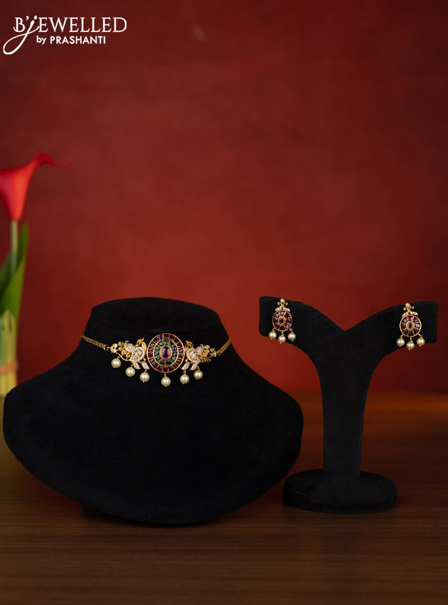 Antique choker peacock design with kemp & cz stones and pearl hangings