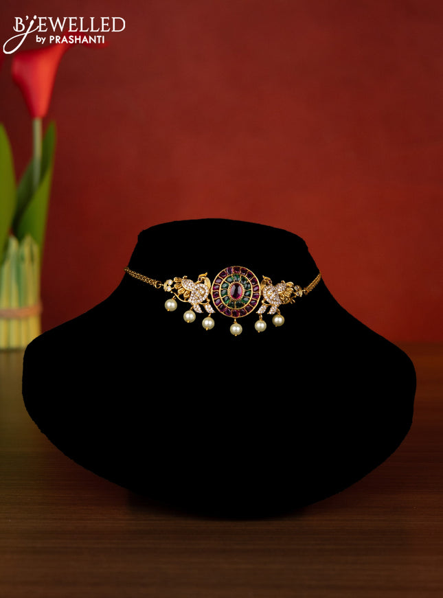 Antique choker peacock design with kemp & cz stones and pearl hangings