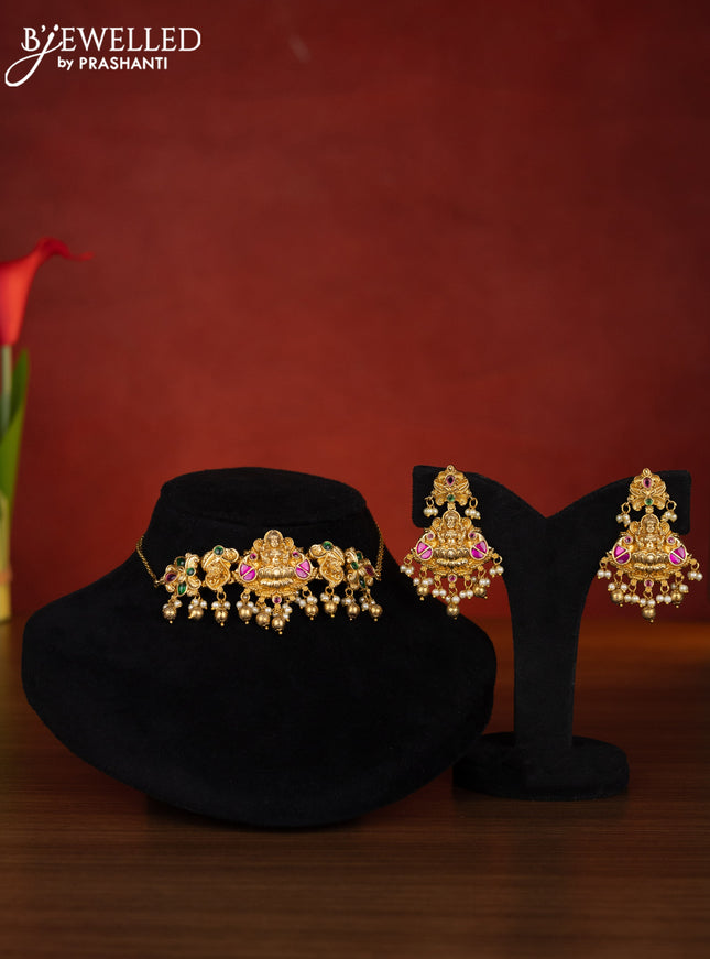 Antique choker lakshmi design with kemp jadau stones and pearl & golden beads hangings