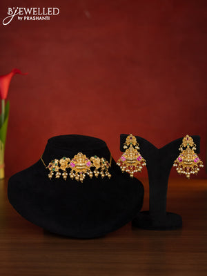 Antique choker lakshmi design with kemp jadau stones and pearl & golden beads hangings