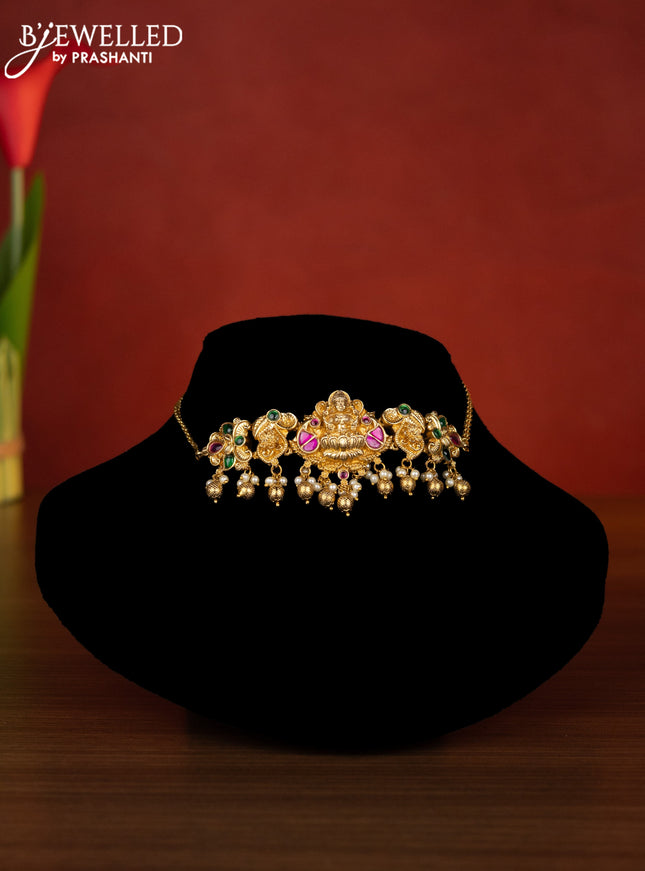 Antique choker lakshmi design with kemp jadau stones and pearl & golden beads hangings