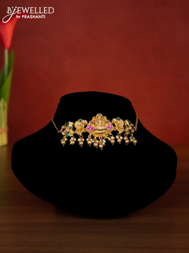 Antique choker lakshmi design with kemp jadau stones and pearl & golden beads hangings