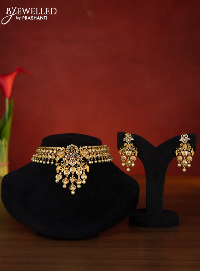 Antique choker lakshmi & peacock design with kemp & cz stones and pearl hangings