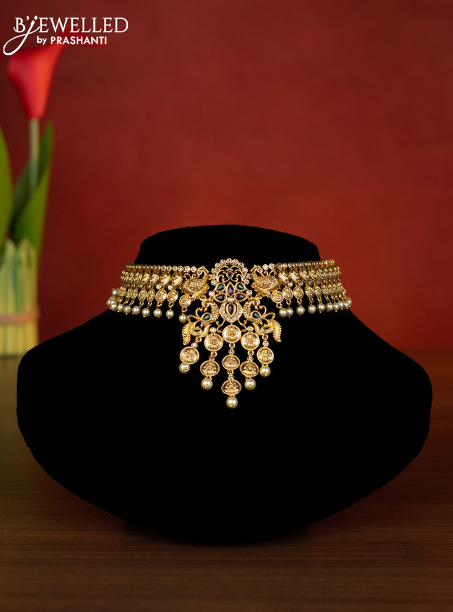 Antique choker lakshmi & peacock design with kemp & cz stones and pearl hangings