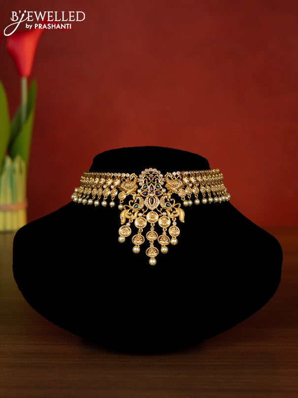 Antique choker lakshmi & peacock design with kemp & cz stones and pearl hangings