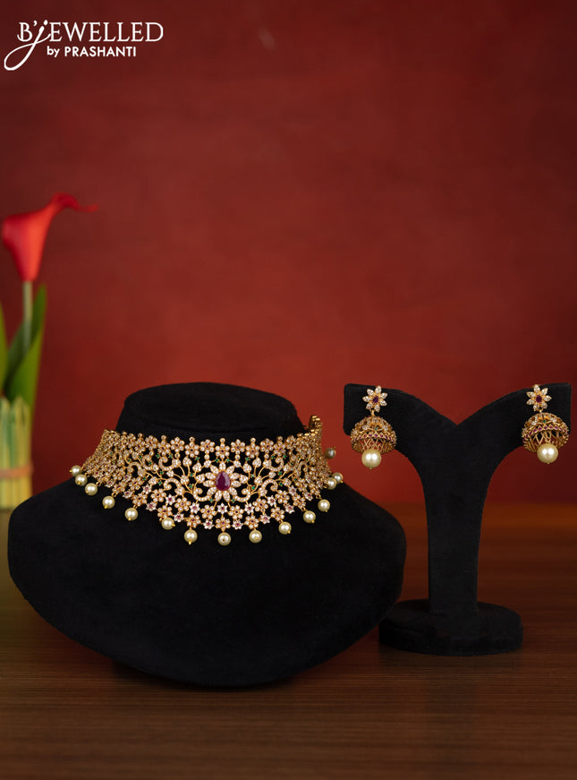 Antique choker floral design with kemp & cz stones and pearl hangings