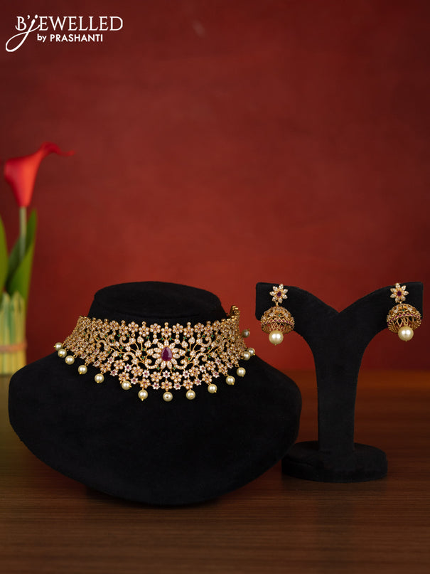 Antique choker floral design with kemp & cz stones and pearl hangings