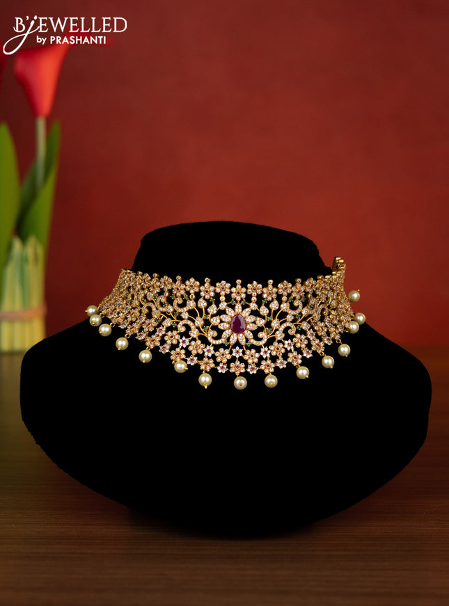 Antique choker floral design with kemp & cz stones and pearl hangings
