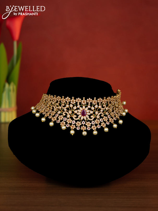 Antique choker floral design with kemp & cz stones and pearl hangings