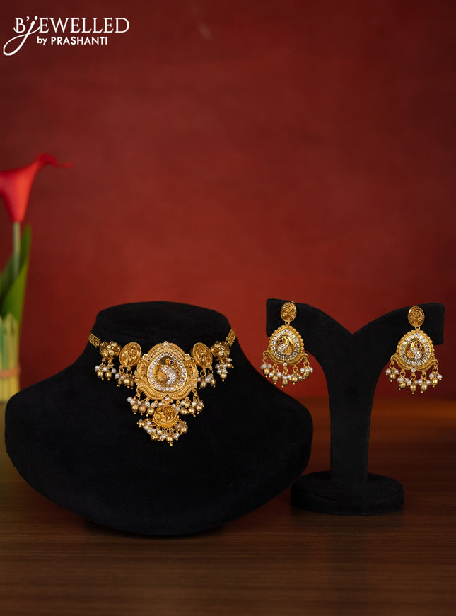 Antique choker peacock design with ruby & cz stones and pearl & golden beads hangings