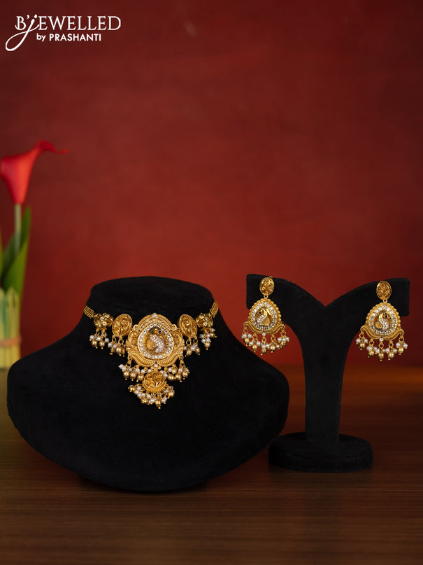 Antique choker peacock design with ruby & cz stones and pearl & golden beads hangings