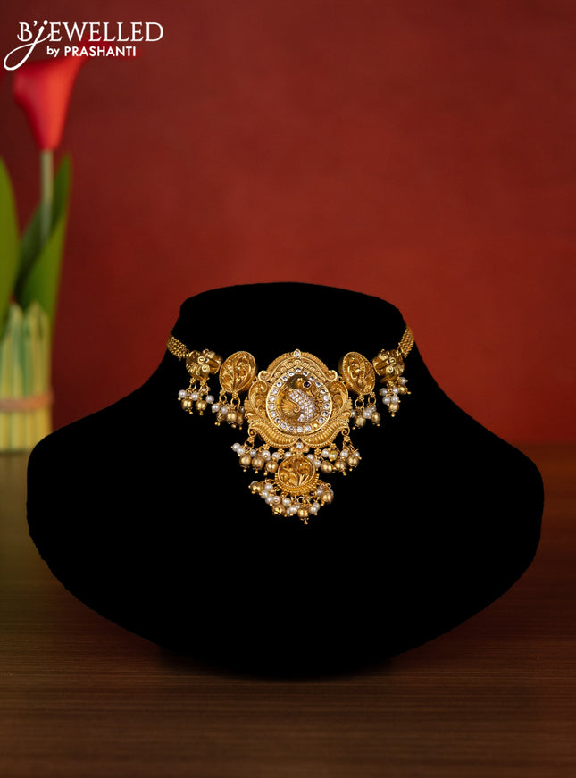 Antique choker peacock design with ruby & cz stones and pearl & golden beads hangings