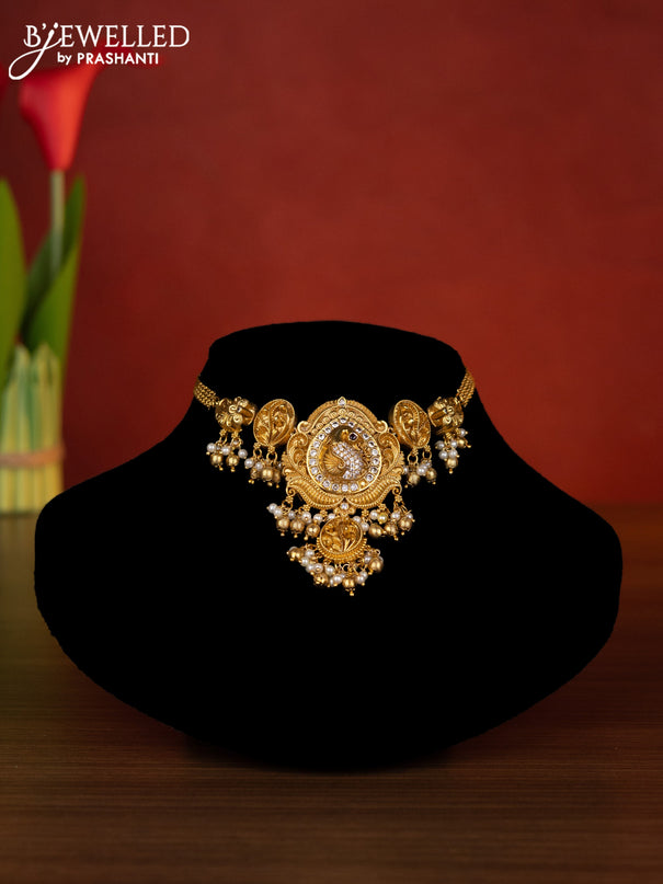 Antique choker peacock design with ruby & cz stones and pearl & golden beads hangings