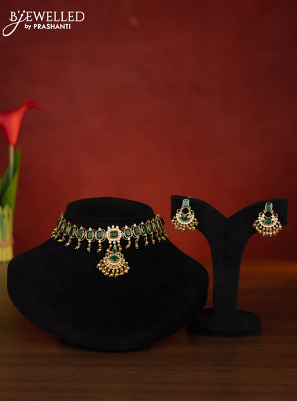 Antique choker with emerald & cz stones and golden beads hangings