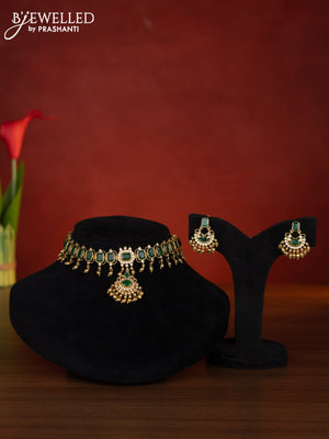 Antique choker with emerald & cz stones and golden beads hangings