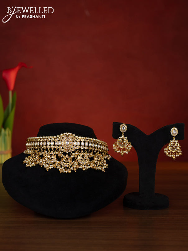 Antique choker chandbali design with kemp & kundan cz stones and pearl & golden beads hangings
