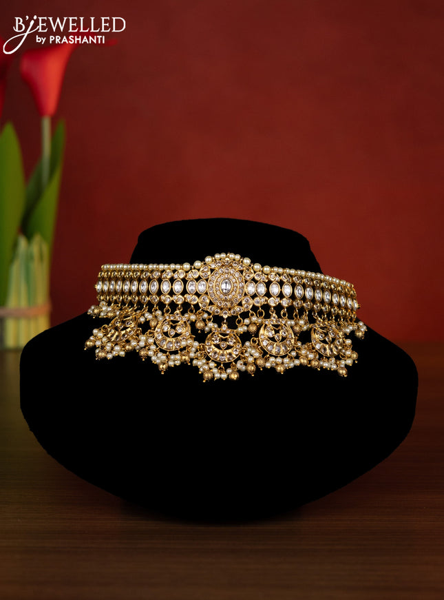 Antique choker chandbali design with kemp & kundan cz stones and pearl & golden beads hangings