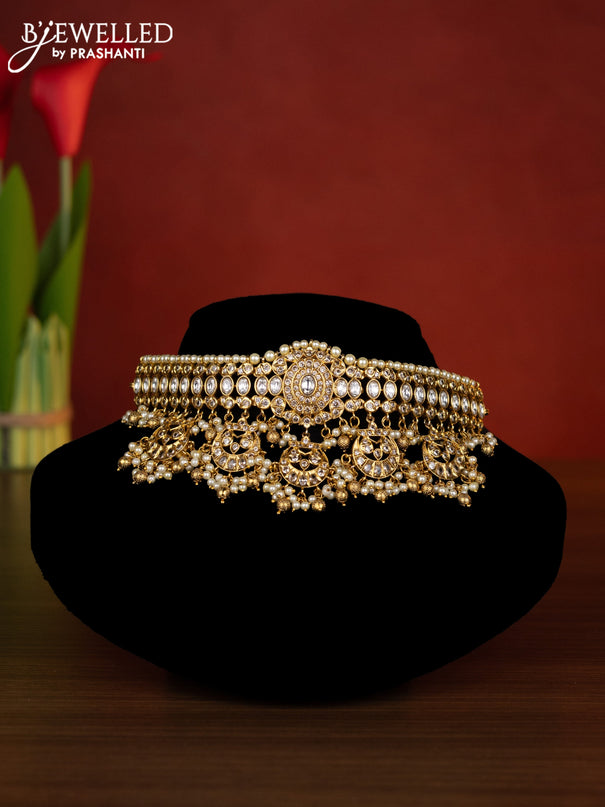 Antique choker chandbali design with kemp & kundan cz stones and pearl & golden beads hangings