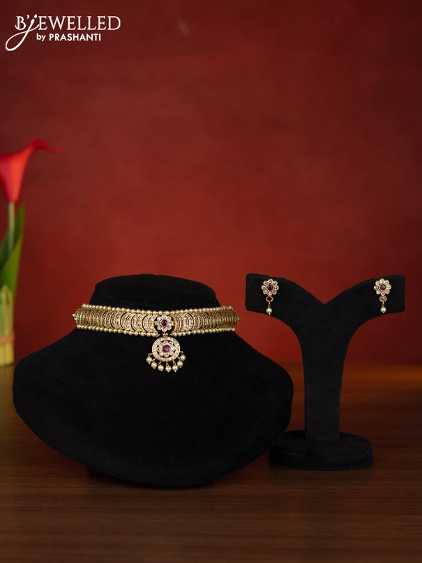 Antique choker chandbali design with ruby & cz stones and pearl hangings
