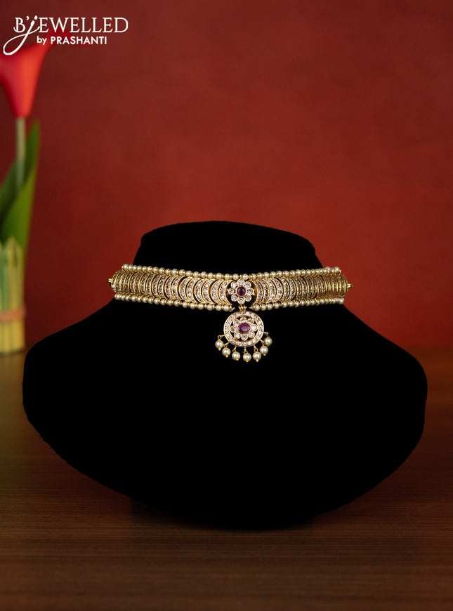Antique choker chandbali design with ruby & cz stones and pearl hangings