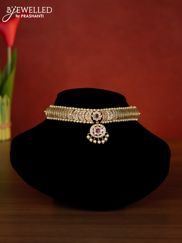 Antique choker chandbali design with ruby & cz stones and pearl hangings