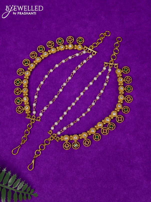 Antique triple layer maatal with kemp & cz stones and pearl hangings
