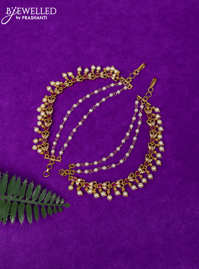Antique triple layer maatal with ruby & cz stones and pearl hangings