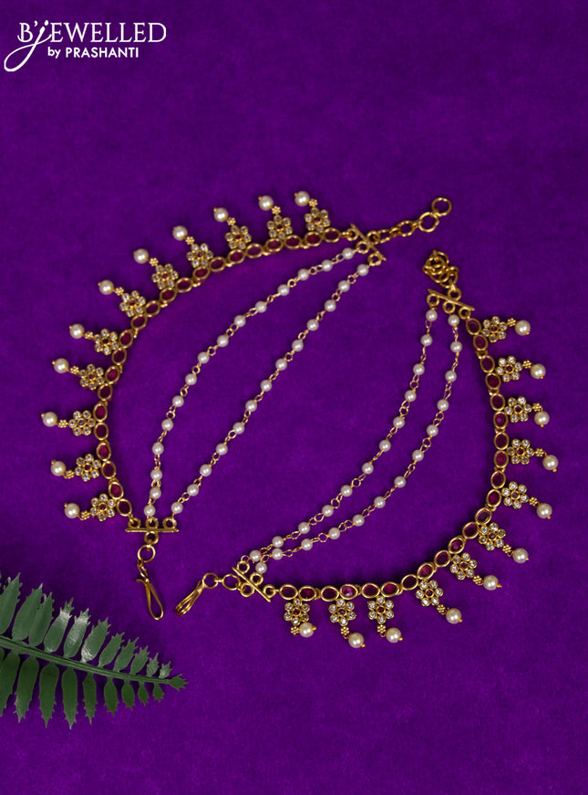 Antique triple layer maatal with ruby & cz stones and pearl hangings