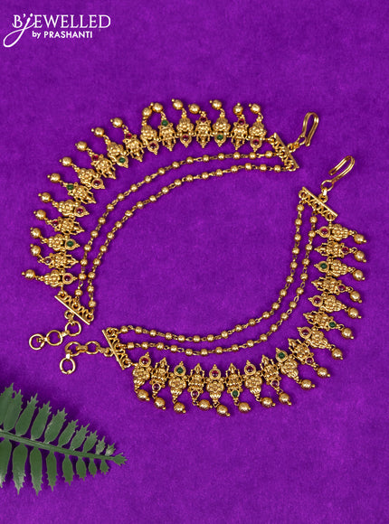 Antique triple layer maatal lakshmi design with kemp stones and golden beads hangings