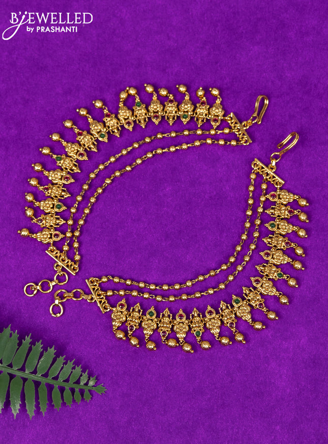 Antique triple layer maatal lakshmi design with kemp stones and golden beads hangings