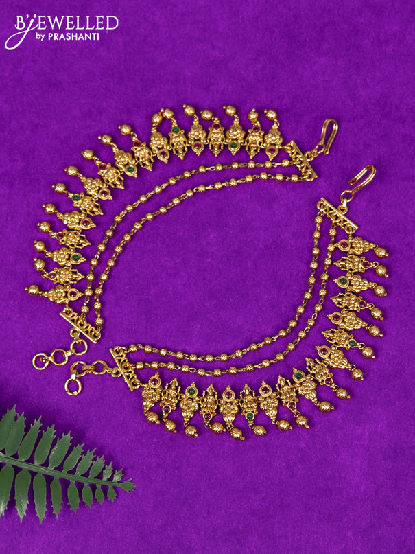 Antique triple layer maatal lakshmi design with kemp stones and golden beads hangings