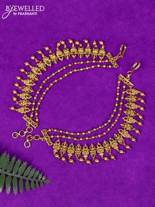 Antique triple layer maatal lakshmi design with kemp stones and golden beads hangings