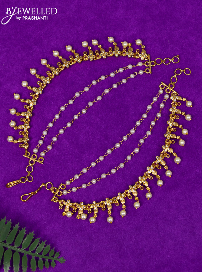 Antique triple layer maatal with ruby & cz stones and pearl hangings