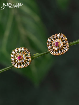 Zircon earrings with ruby and cz stones in gold finish