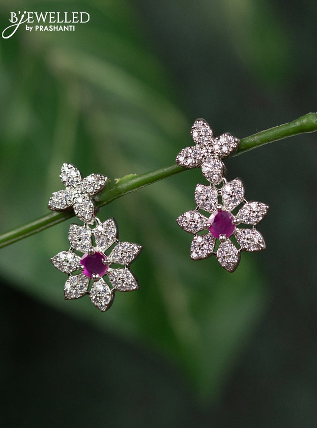 Zircon earrings floral design with ruby and cz stones