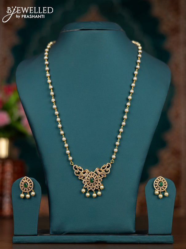 Pearl necklace with emerald & cz stones and pearl hangings