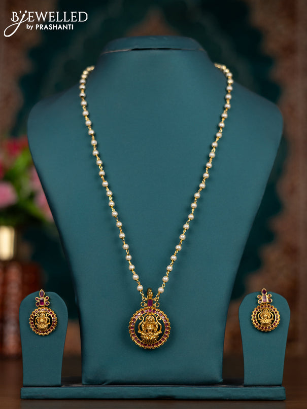 Pearl necklace lakshmi pendant with ruby stones