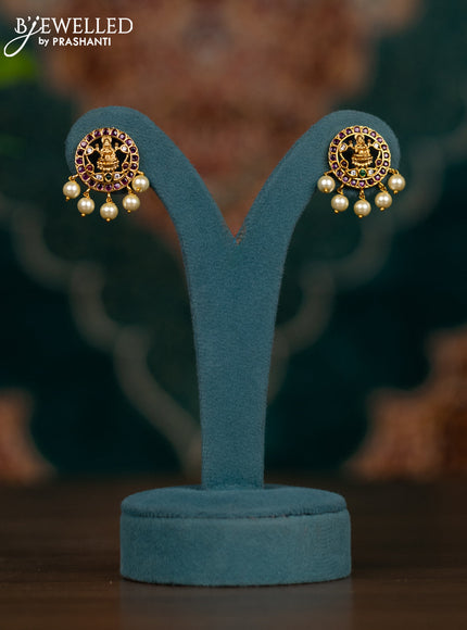 Pearl necklace lakshmi pendant with kemp & cz stones and pearl hangings